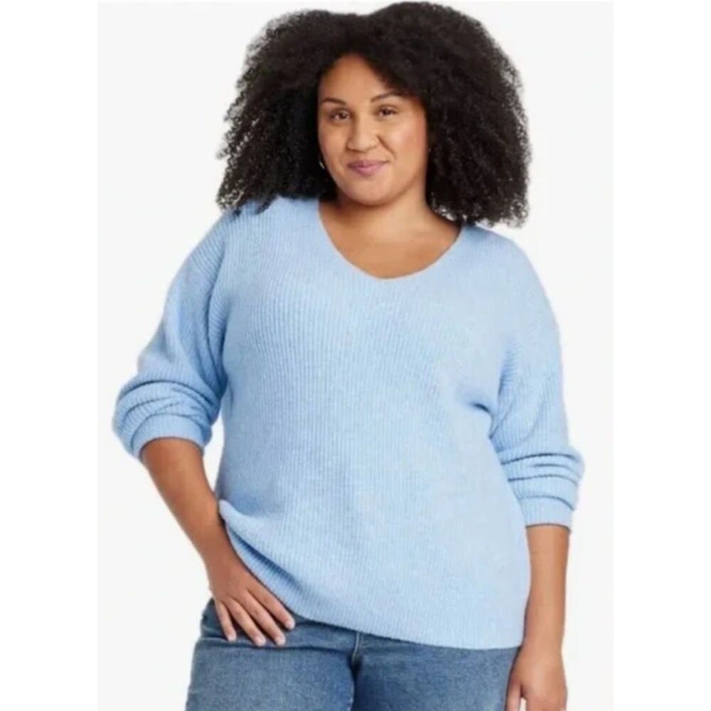 NEW Powder Blue Plus Sz 2X Casual Wear Soft Stretchy V-Neck Sweater AVA & VIV